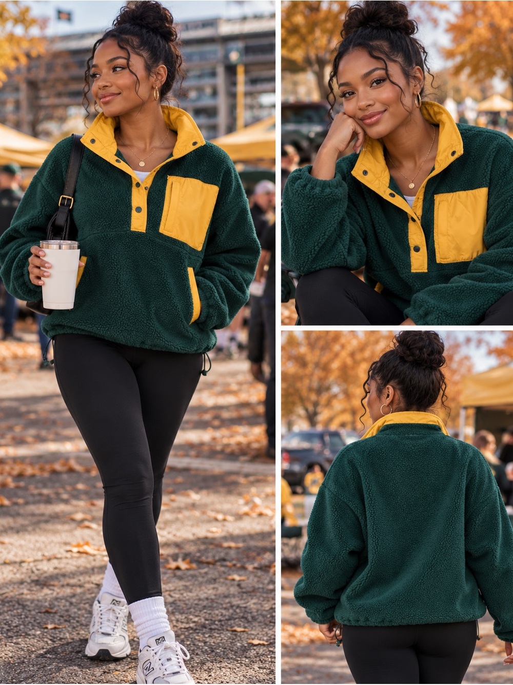 Wilo The Label Women’s Green Sherpa Fleece Snap Pullover Mustard Accent Size S